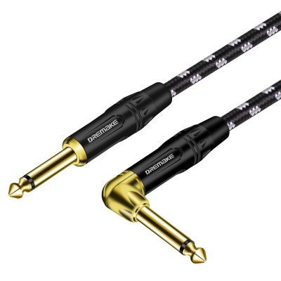 DREMAKE Straight to Right Angel Patch Cable-Black/White Tweed Quarter Inch Cable 1/4" (6.3mm) Guitar Amp