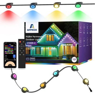 APPECK Permanent Outdoor Lights 100ft with 72 LEDs Smart RGBW String Lights Waterproof Remote Control for Christmas and More - Black